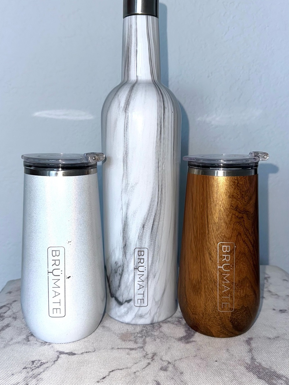 Brumate Insulated Marble Bottle & Tumblers Set - White, Silver, Wood